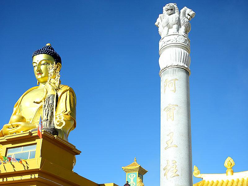 Lion and Buddha statues, symbolizing strength and peace, stand side by side in harmony.